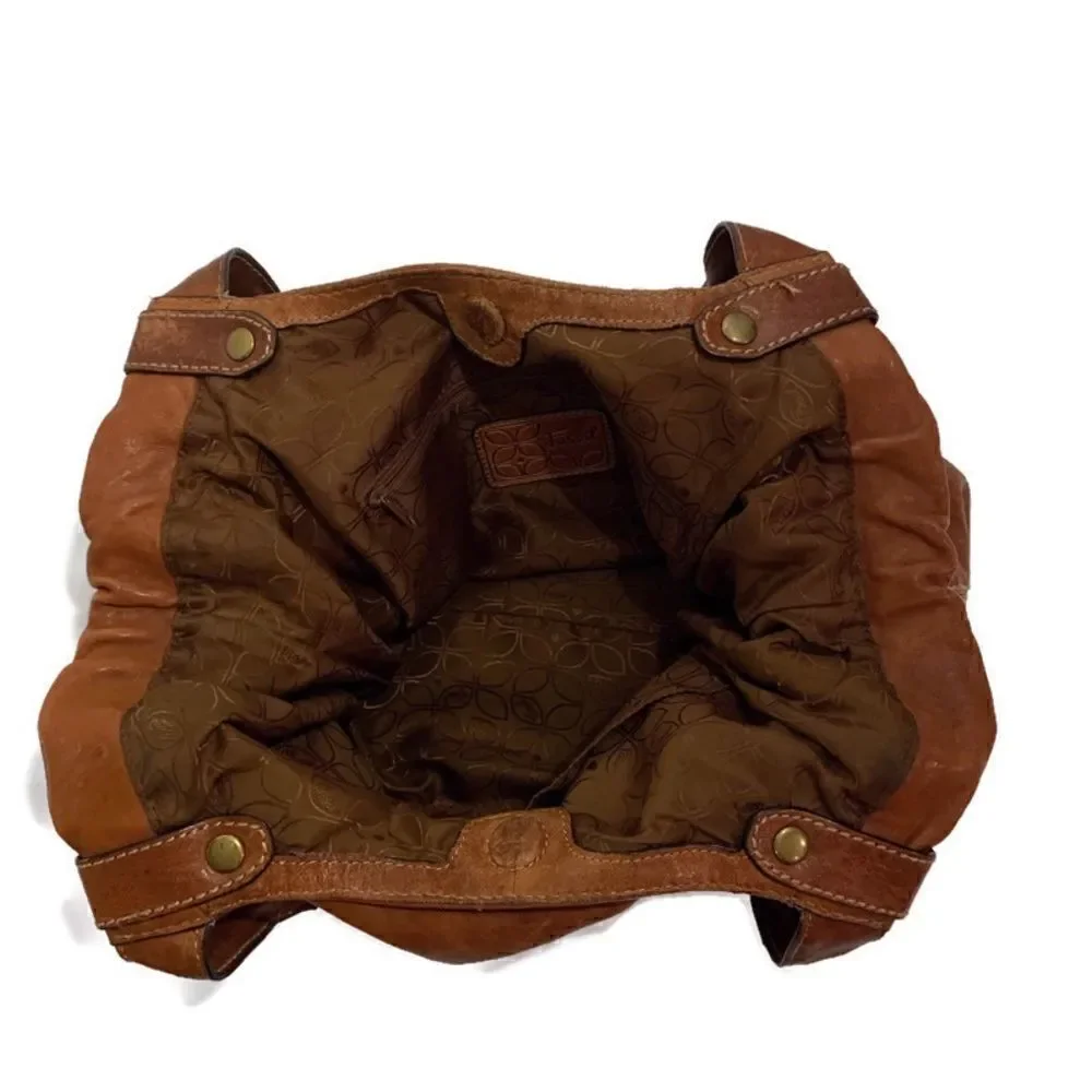 Vintage Fossil Brown Leather Floral Embossed Tote
